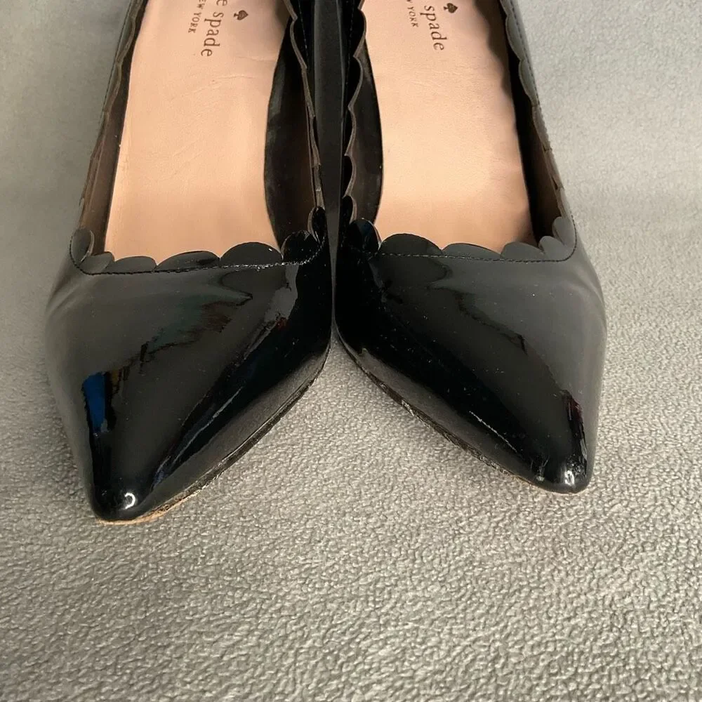 Kate Spade Pointed Heels Maxine Black Patent Leather Scallops Bows Stilettos 10M